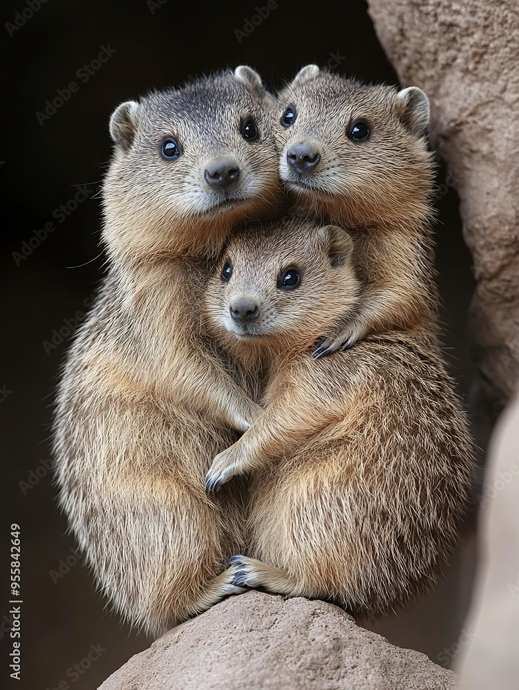 Fototapeta premium Family of Rock Hyrax: A heartwarming portrait of a rock hyrax family, capturing the bond and love between a parent and its young. The image conveys a sense of security and affection.