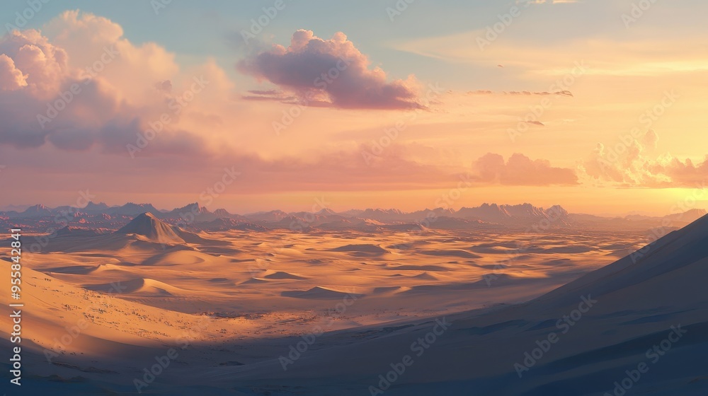 Naklejka premium The expansive desert stretches out under a colorful sky, showcasing rolling dunes and distant mountain silhouettes at dusk