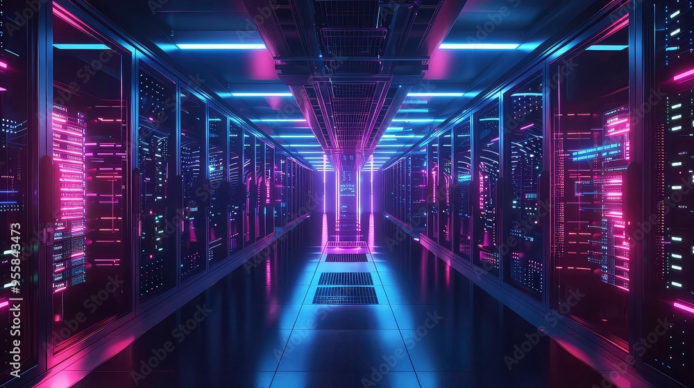 A long hallway of server racks with glowing purple and blue lights, leading to a light at the end. A long hallway of server racks with glowing purple and blue lights, leading to a light at the end.