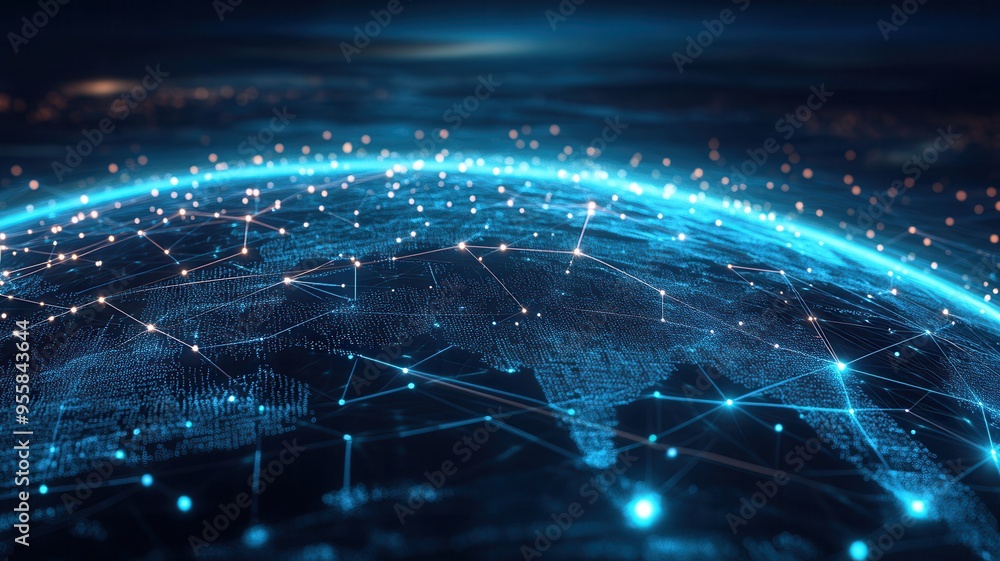 A stunning view of a digitally connected globe showcasing glowing networks, symbolizing global communication and technology. A stunning view of a digitally connected globe showcasing glowing networks, symbolizing global communication and technology.