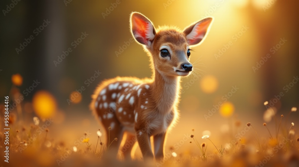 A baby deer with white spots stands in a field of yellow flowers A baby deer with white spots stands in a field of yellow flowers