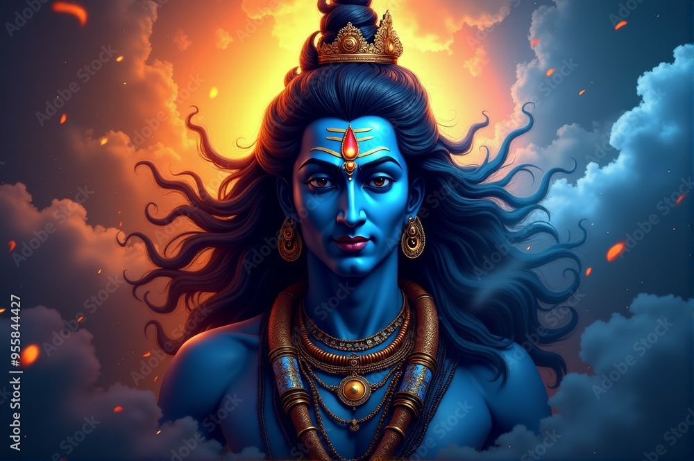 A blue figure with a crown on its head and a red mark on its forehead A blue figure with a crown on its head and a red mark on its forehead
