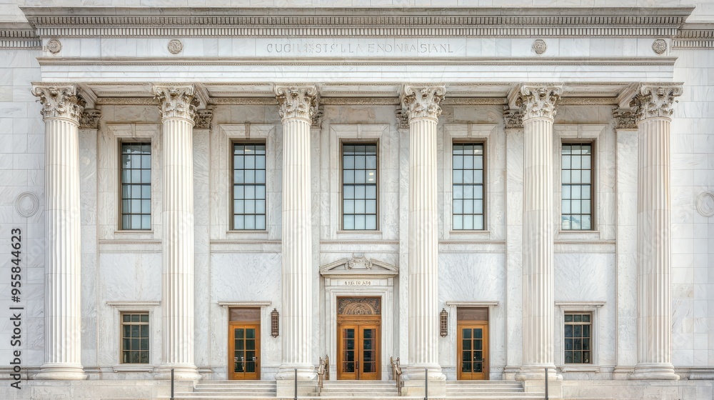 Classic White Marble Facade with Columns and Windows Classic White Marble Facade with Columns and Windows