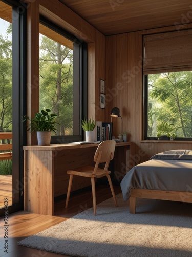 Modern Bedroom with Wooden Accents and a View