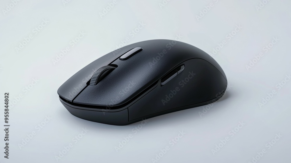 A black computer mouse is sitting on a white surface A black computer mouse is sitting on a white surface
