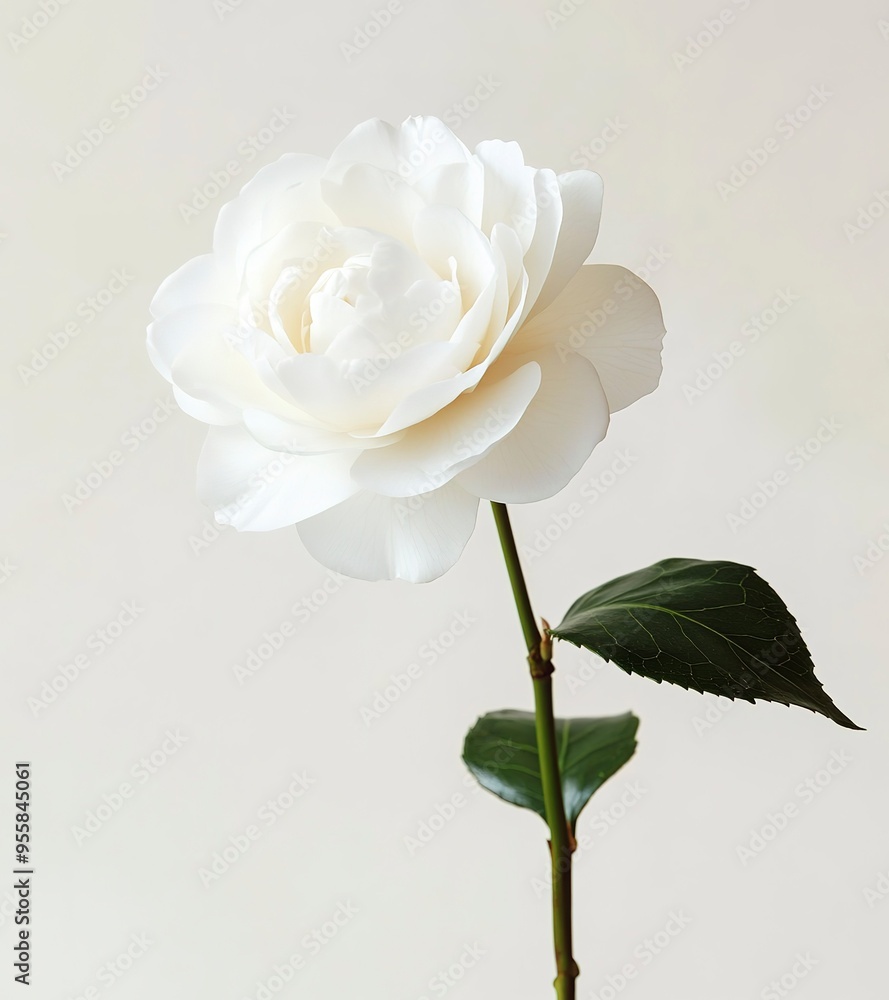 Fototapeta premium Serene White Camellia: A single, pristine white camellia blossom stands tall, its delicate petals unfurling against a soft, neutral backdrop. A symbol of elegance, purity, and timeless beauty.