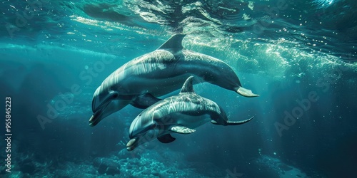 Bottlenose Dolphin Mother and Calf Swimming in the Deep Blue