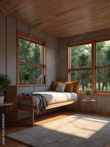 Modern Bedroom with Wooden Accents and a View