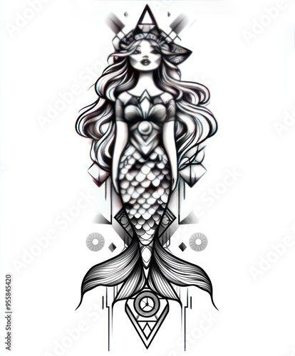 A stylized mermaid illustration with geometric patterns and intricate details.