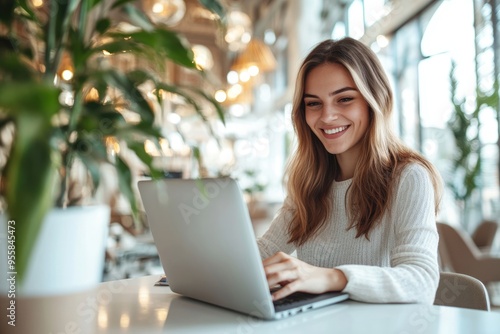 A high-resolution photograph of a young woman marketer, smiling as she works on her laptop in a bright, elegant office setting photo