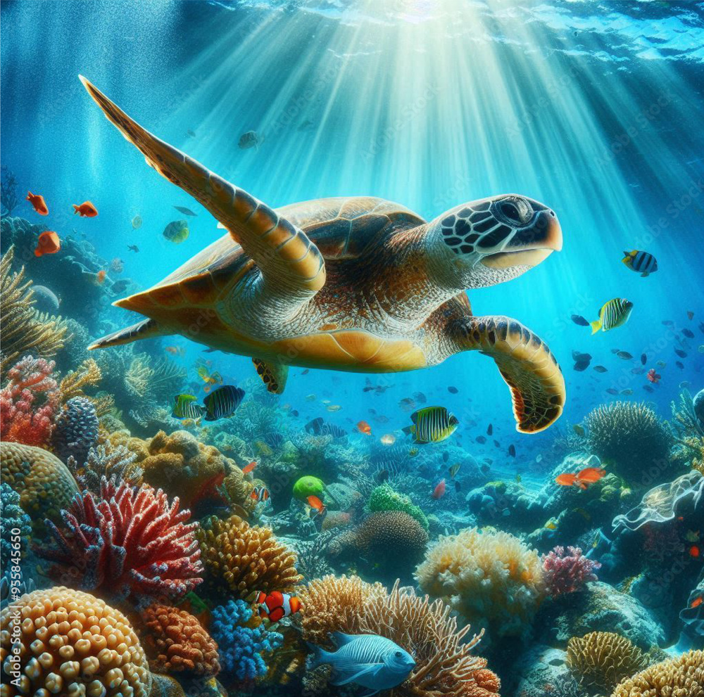Beautoful sea turtle swimming under sea under water with beautiful fish and corals around it Beautoful sea turtle swimming under sea under water with beautiful fish and corals around it