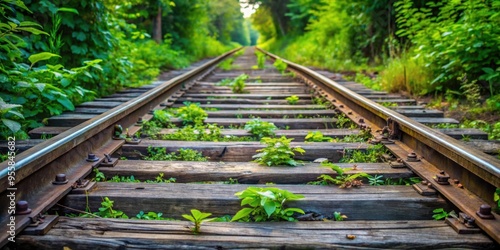 Rustic old railway track with overgrown foliage and weathered wooden sleepers , vintage, transportation, travel, abandoned photo