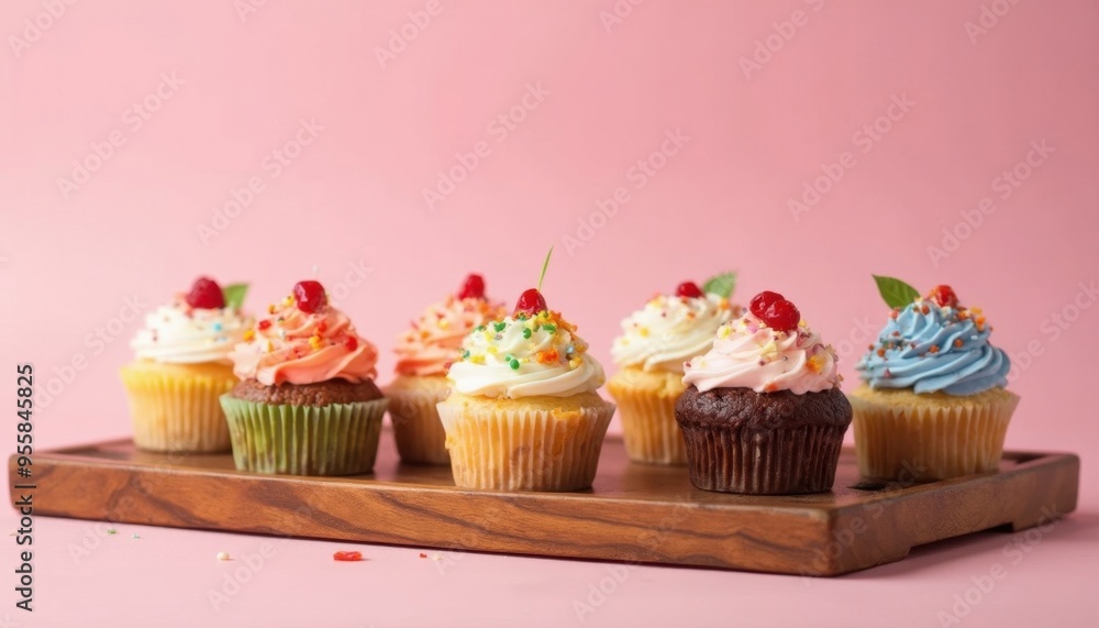 a row of cupcakes with strawberries on top of them. a row of cupcakes with strawberries on top of them.