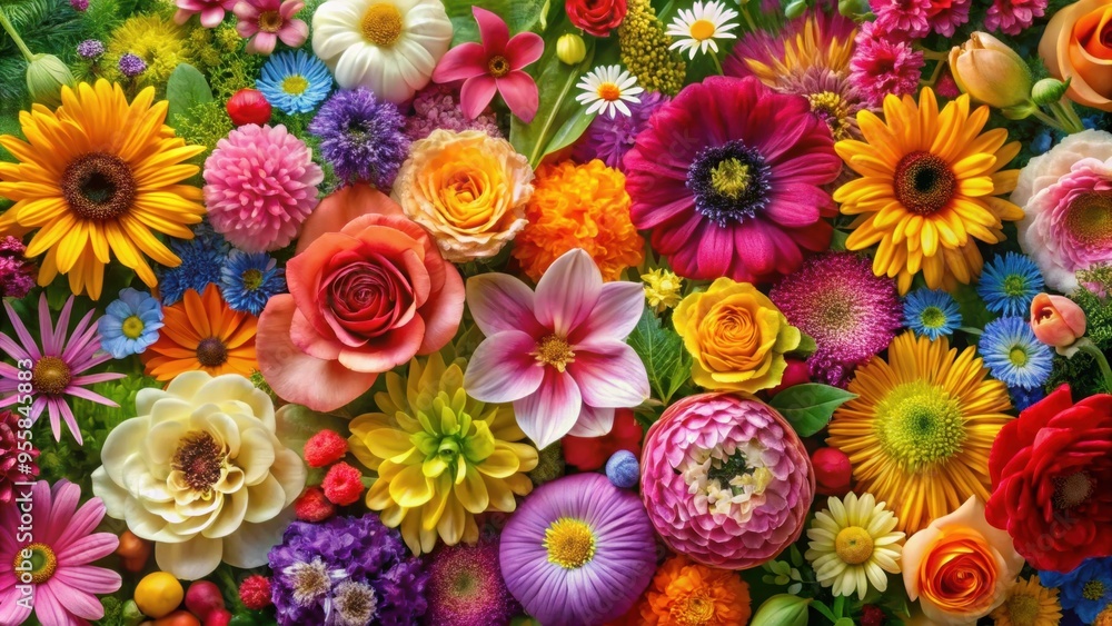 A beautiful collage of various flowers and botanical elements creating a colorful and vibrant design, florals, botanical A beautiful collage of various flowers and botanical elements creating a colorful and vibrant design, florals, botanical