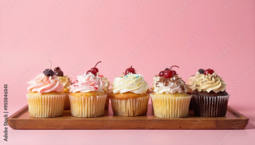 a row of cupcakes with strawberries on top of them. a row of cupcakes with strawberries on top of them.