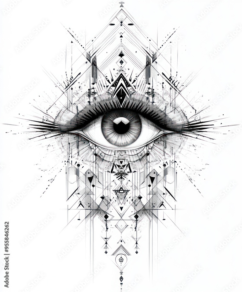 Obraz premium An intricate black and white illustration featuring an eye surrounded by geometric patterns.