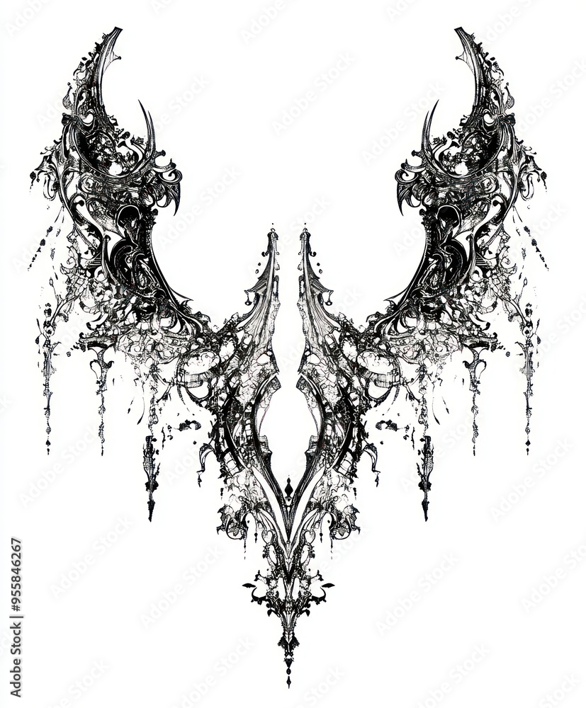 Obraz premium Ornate black and white abstract design resembling intricate wings or decorative elements.