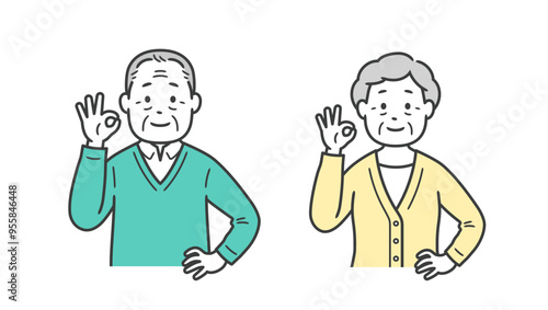OKポーズをして腰に手を当てる後期高齢者男女の上半身イラスト