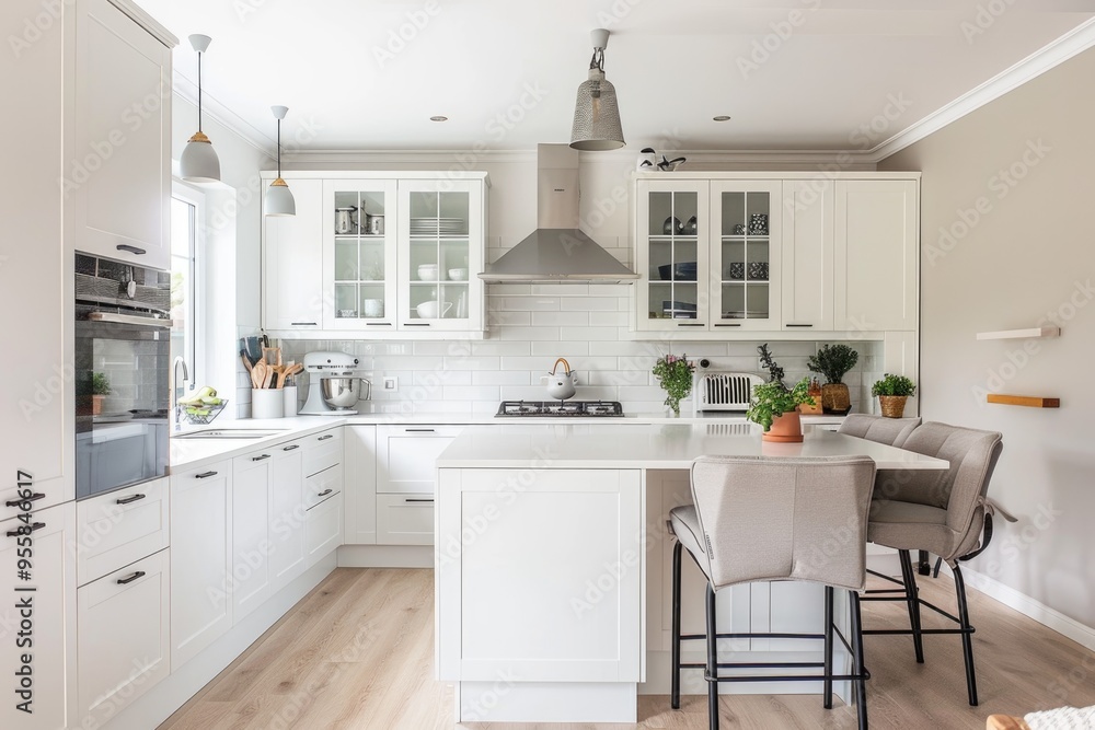Minimal white kitchen with cozy seating and elegant design Minimal white kitchen with cozy seating and elegant design