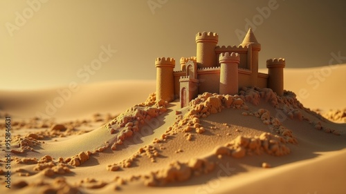 A sand castle is built on a sandy hill
