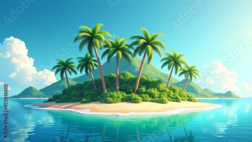 A tropical island with palm trees and a blue ocean