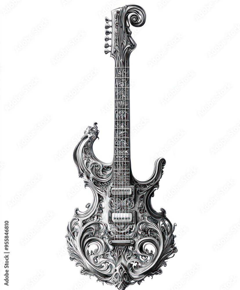 Obraz premium Ornate guitar with intricate carvings and a unique design.