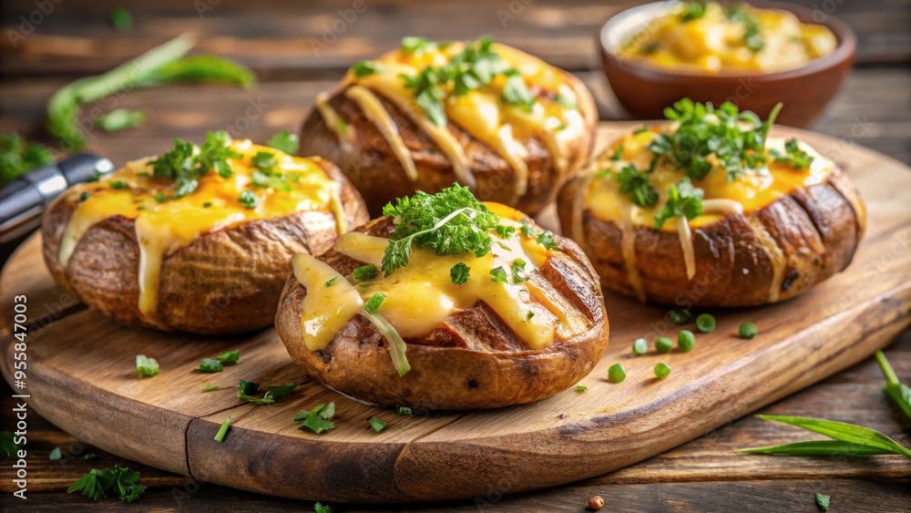 Grilled jacket potatoes with melted cheese slices and chive garnish on wooden board with steam rising , Food, Grilled Grilled jacket potatoes with melted cheese slices and chive garnish on wooden board with steam rising , Food, Grilled