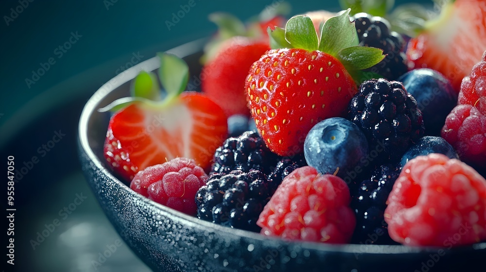 Assortment of Freshly Picked Ripe Berries in a Bowl on a Rustic Wooden Table Assortment of Freshly Picked Ripe Berries in a Bowl on a Rustic Wooden Table