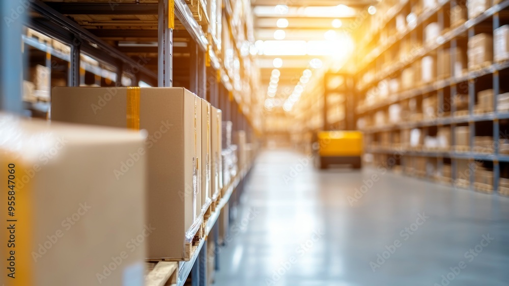 A warehouse with a yellow forklift in the middle of the aisle A warehouse with a yellow forklift in the middle of the aisle
