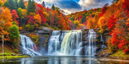 Vibrant autumn colors surround a grand waterfall in fall's splendor, waterfall, autumn, grandeur, vibrant, nature, scenic