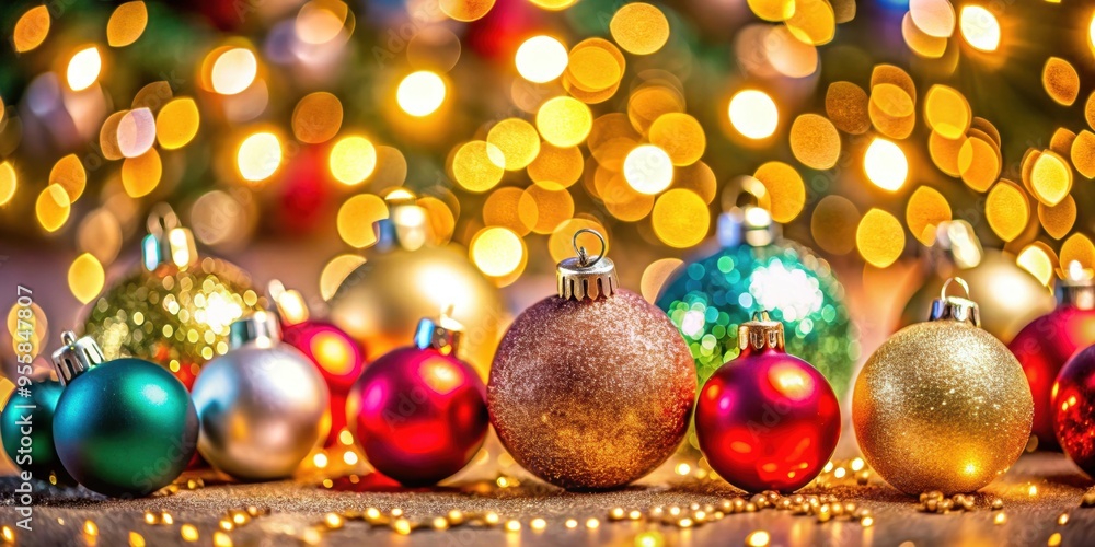 Close-up view of shiny Christmas ornaments against a blurry backdrop of warm holiday lights, festive, elegance, Christmas Close-up view of shiny Christmas ornaments against a blurry backdrop of warm holiday lights, festive, elegance, Christmas