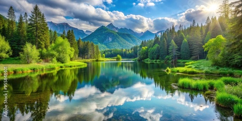 Beautiful forest lake surrounded by lush greenery, wetlands, and majestic mountains , mountain, natural