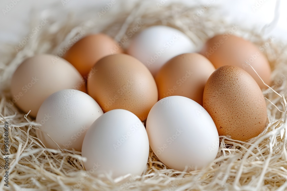 Organic Fresh Chicken Eggs Nestled in Straw in Natural Rustic Countryside Background Organic Fresh Chicken Eggs Nestled in Straw in Natural Rustic Countryside Background
