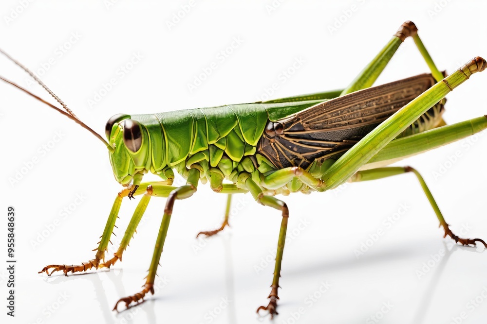 Green grasshopper isolated on white background, close-up shot