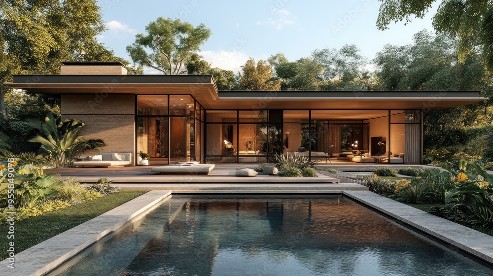 Fototapeta premium Modern house with a pool surrounded by lush greenery.