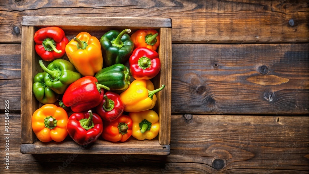 Fresh and vibrant sweet colored bell peppers arranged in a rustic wooden box from a top view , bell peppers, colorful Fresh and vibrant sweet colored bell peppers arranged in a rustic wooden box from a top view , bell peppers, colorful