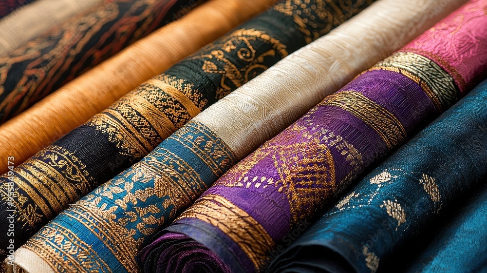 Colorful Fabric Rolls with Gold Embroidered Patterns Colorful Fabric Rolls with Gold Embroidered Patterns