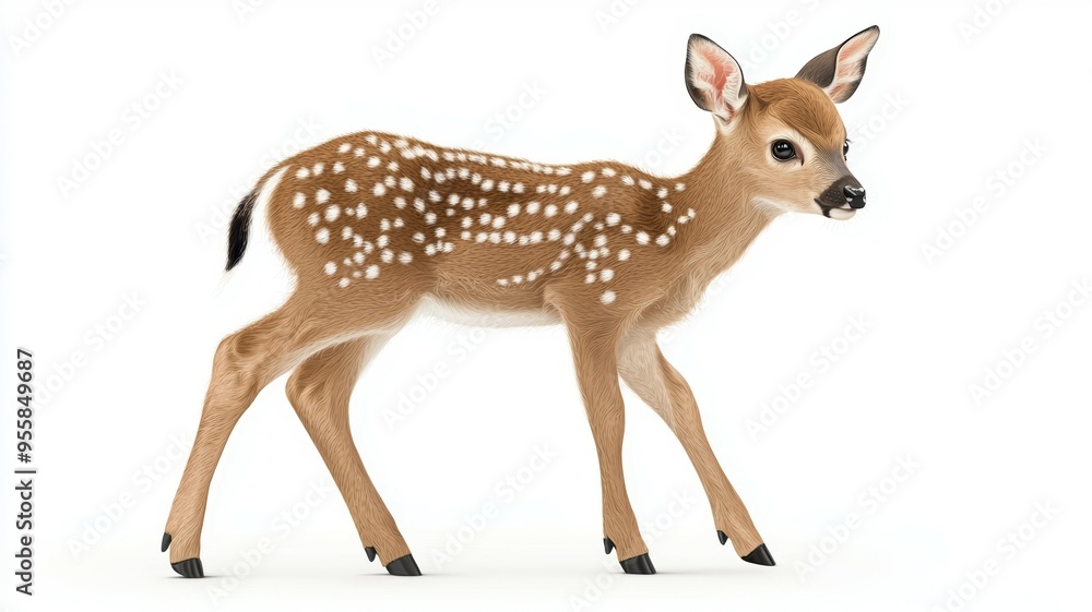 A baby deer with white spots on its back walks across a white background A baby deer with white spots on its back walks across a white background