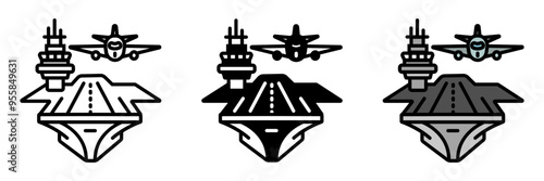 Aircraft Carrier Icon, A large naval vessel equipped to deploy, recover, and support aircraft operations at sea, serving as a mobile airbase.