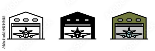Airplane Hangar Icon, A large, enclosed structure designed to house and maintain aircraft, providing shelter from weather and space for repairs.