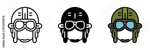 Aviator Helmet icon, Protective headgear worn by pilots, equipped with communication devices, visors, and oxygen masks for safety during flights.