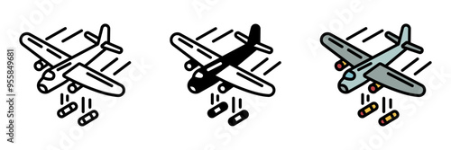 Bomber Plane icon, A military aircraft designed to drop bombs over strategic targets, often equipped with heavy weaponry and long-range capabilities.