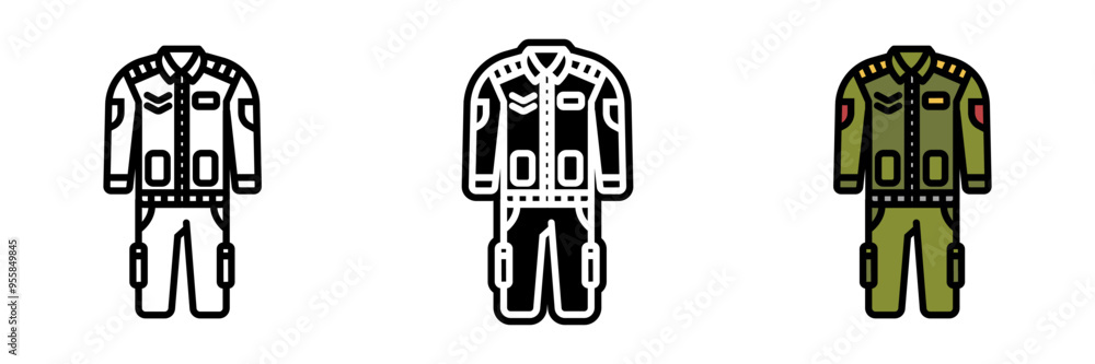 Flight Suit icon, A specialized, fire-resistant uniform worn by pilots and crew members, designed to protect against environmental hazards. Flight Suit icon, A specialized, fire-resistant uniform worn by pilots and crew members, designed to protect against environmental hazards.