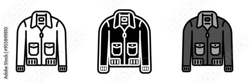 Flight Jacket icon, A protective, insulated jacket worn by pilots, providing warmth, comfort, and safety features during high-altitude flights.