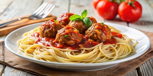 Classic homemade spaghetti and meatballs with rich tomato sauce on white plate, Italian, pasta, comfort food