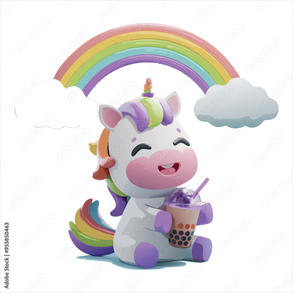 Lovely Unicorn with Rainbow and Bubble Tea Cup Lovely Unicorn with Rainbow and Bubble Tea Cup