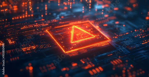 “Digital Warning Triangle with Glowing Orange and Red Lights” 