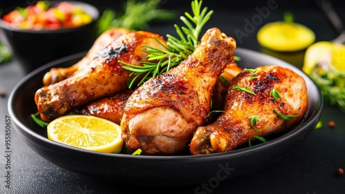 A plate of chicken with lemon slices on top