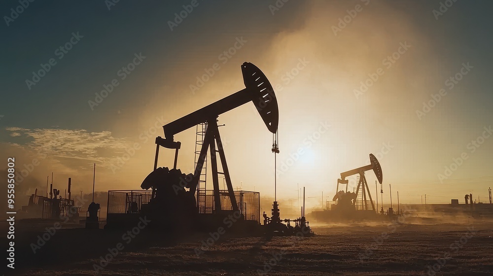 Oil Rigs Silhouettes at Sunset with Dust and Golden Sky Oil Rigs Silhouettes at Sunset with Dust and Golden Sky