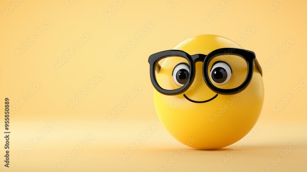 A yellow smiley face with glasses on a yellow background A yellow smiley face with glasses on a yellow background